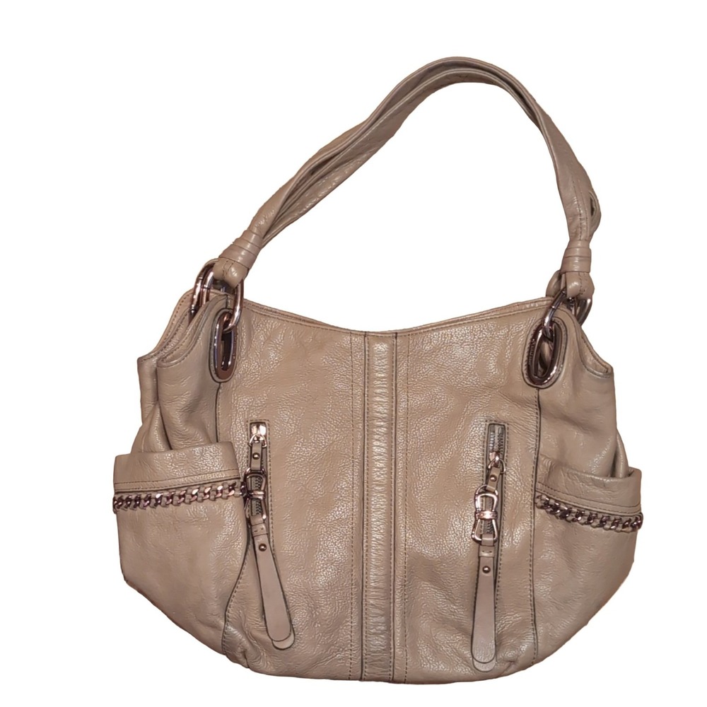 B. Makowsky Taupe Leather Shoulder Bag Rose Gold Hardware Dust Bag Women's